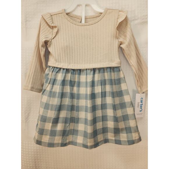 Carter's Baby Girls Dress Size 18 Months Blue & Pink Plaid Flannel Ribbed - Picture 2 of 8